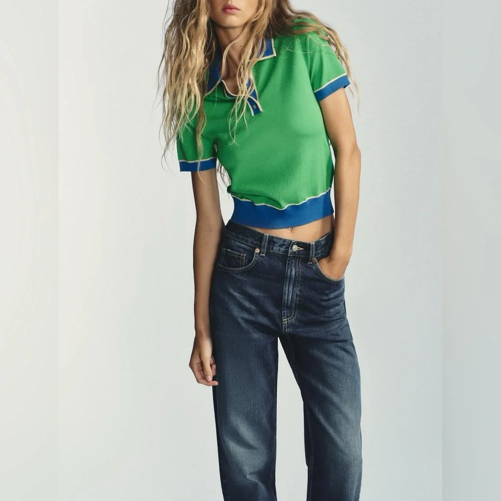 Zara Contrast Knit Short Sleeve Polo Shirt - Picture 2 of 13